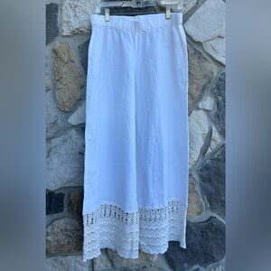Chicos 100% Linen Pull On Pants Size 1 (Medium) White Wide Leg Crochet Beachy